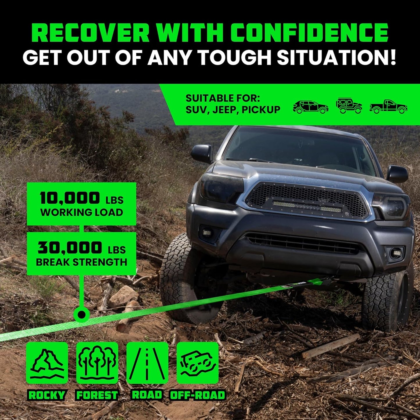 Rhino USA Recovery Tow Strap (3" x 20') - 31,518lb Break Strength - Emergency Recovery Strap Tow Rope for Truck, UTV, ATV & More - Heavy Duty Towing Strap for Offroad 4x4 Use - Compatible with Jeep