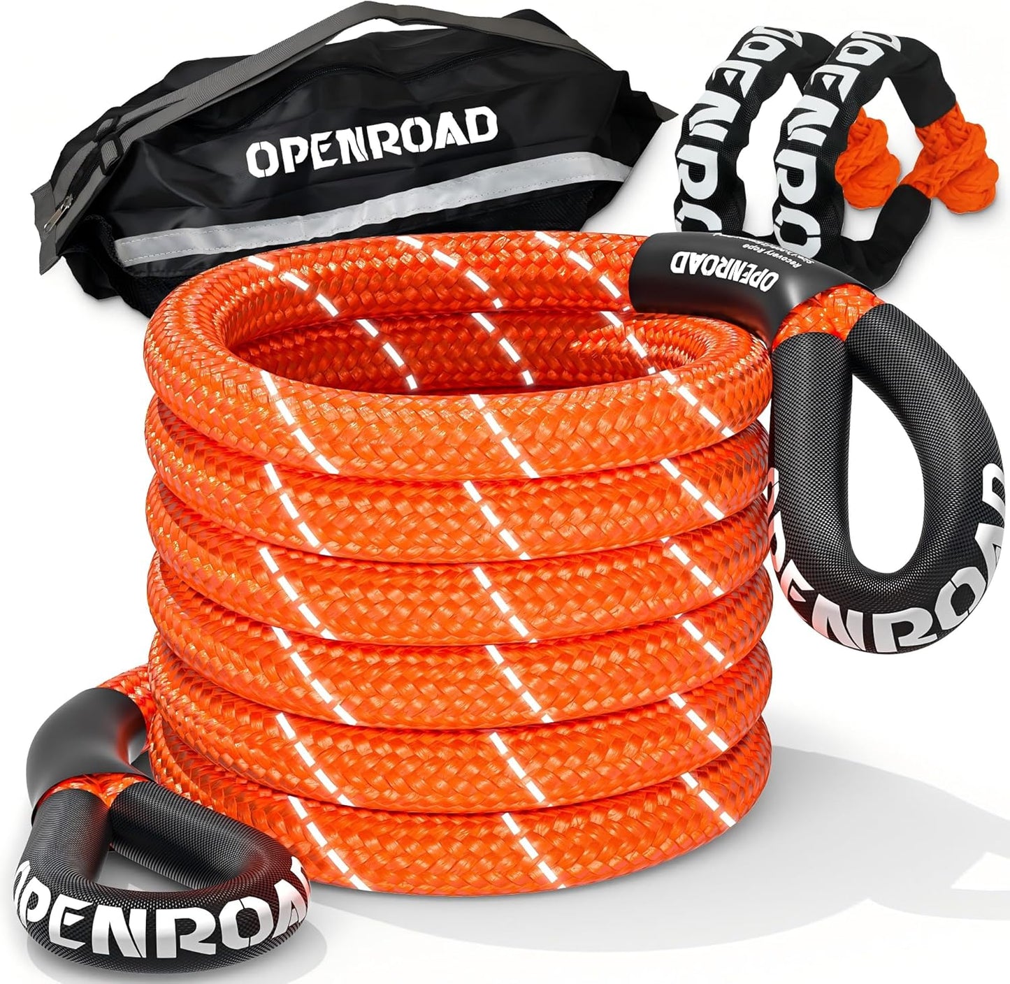 OPENROAD Kinetic Recovery Tow Rope, 36000 Lbs (1in x 30ft Orange with Soft Shackle) Extreme Duty 35% Elasticity Energy Offroad Snatch Strap, Vehicle Recovery Kit for Jeep Car Truck ATV UTV SUV