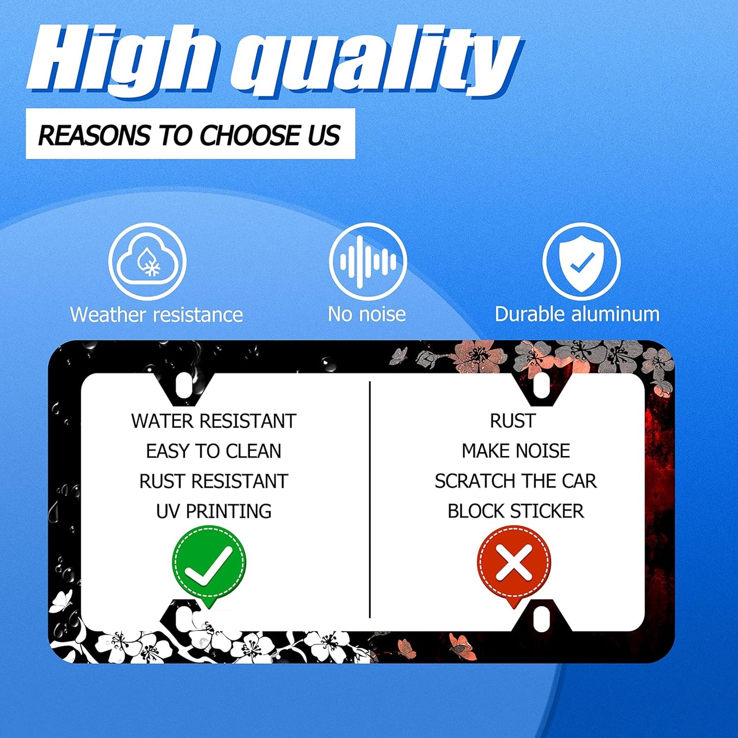 【2Pcs】 Black White Cherry Blossoms License Plate Frame Floral Flowers License Plate Stainless Steel Parts Colorful License Plate Decorative with Screws Size 12.3" x 6.3" Men Women