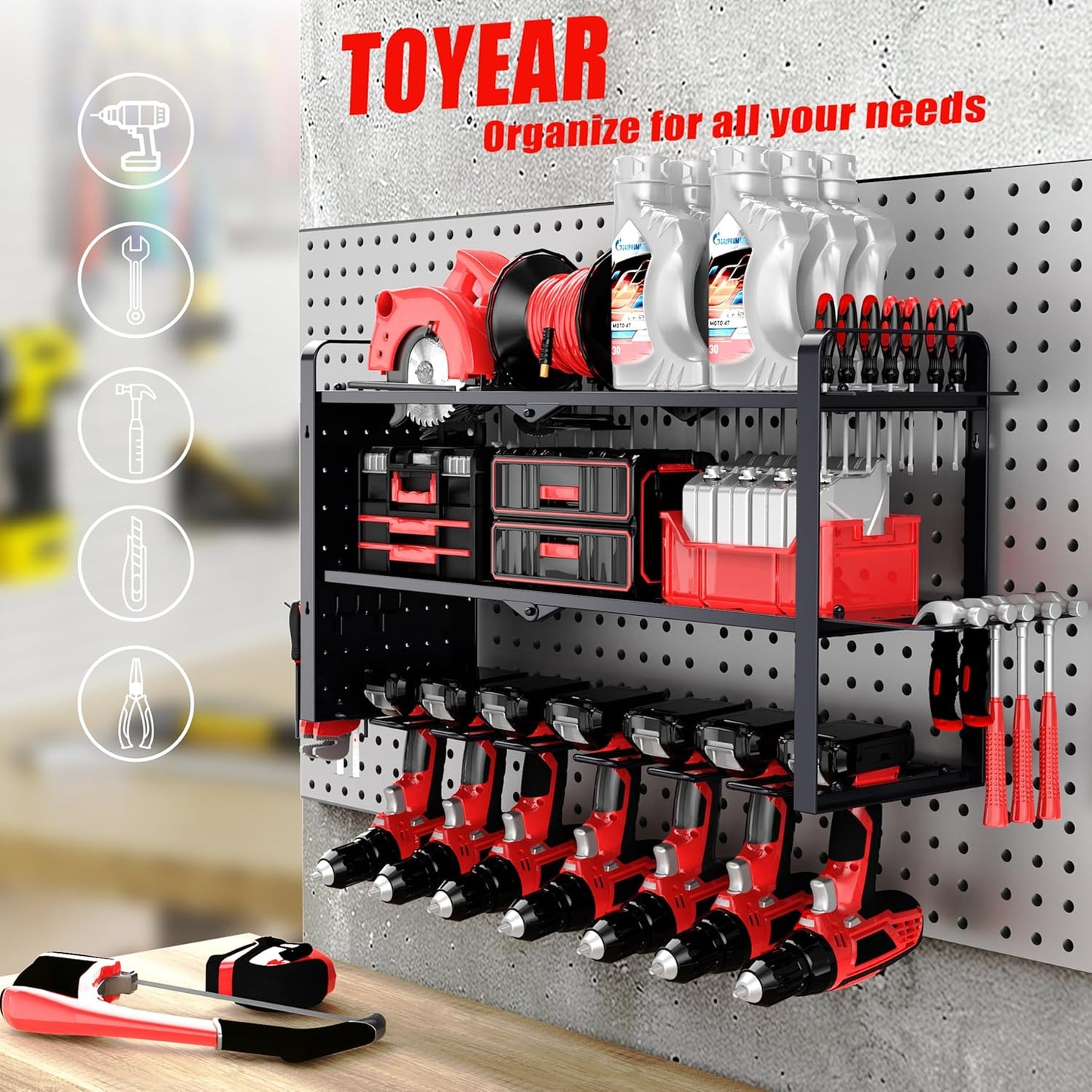 Power Tool Organizer Wall Mount - Pegboard with 7 Drill Holder - Heavy Duty Metal Tool Shelf for Garage Organization
