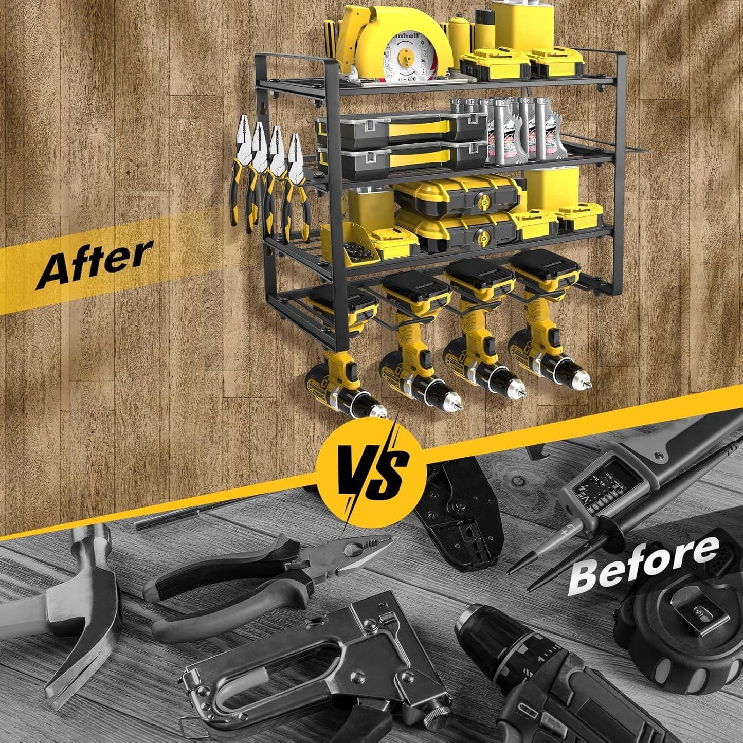 Power Tool Organizer Wall Mount, 2 Pack 4 Layers Garage Wall Shelving, 8 Drill Holder Wall Mount, Cordless Tool Organizer, Garage Storage Rack with 4 Extension Cord Holder