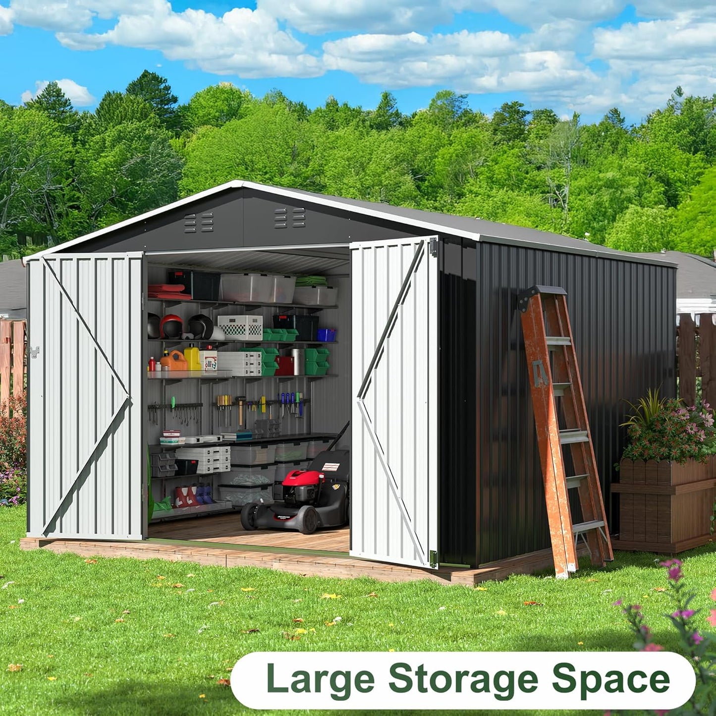 WKM 10x10 FT Outdoor Storage Shed, Utility Metal Tool Storage with Lockable Doors and Updated Frame Structure, Metal Garden Shed for Backyard, Patio Lawn, Black