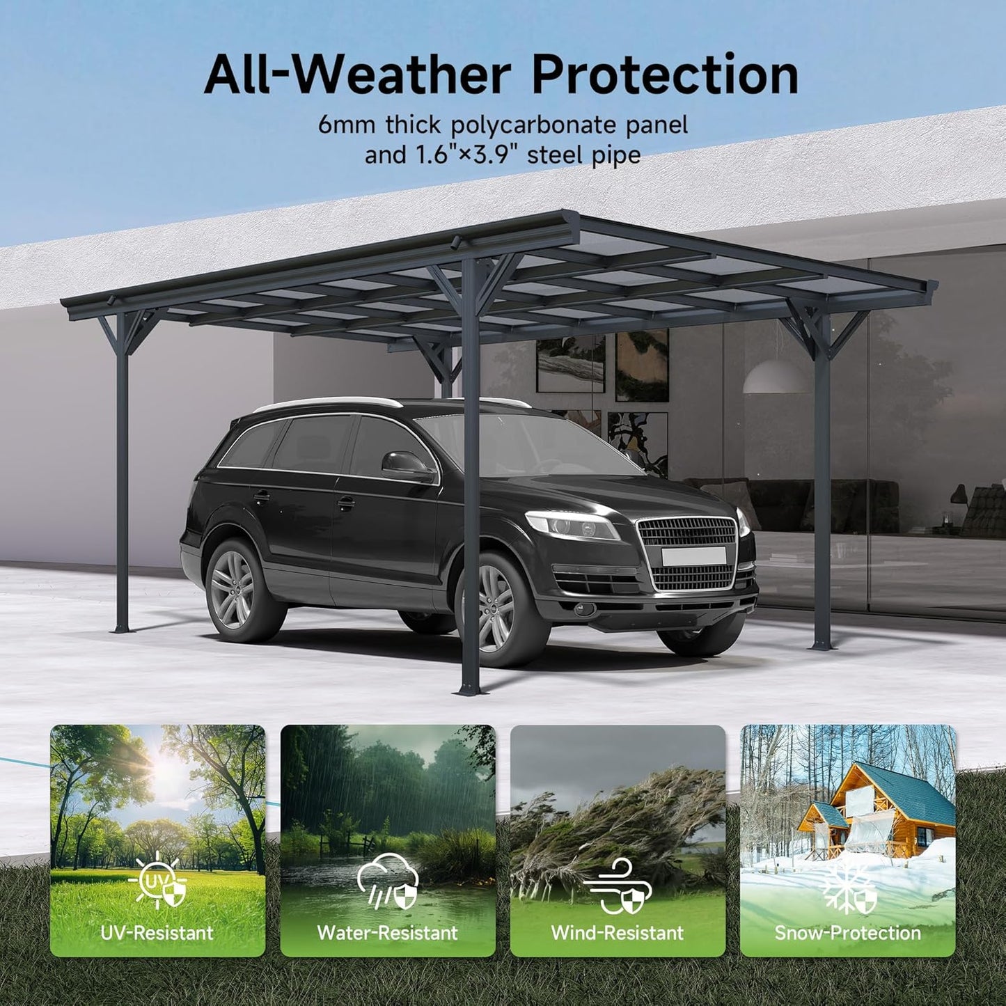 Real Relax 10×16ft Heavy Duty Carport, Pitched-Roof Polycarbonate Panel Canopy, Garage for Trucks, SUVs and Boats, All-Weather Outdoor Storage Car Port, Gray