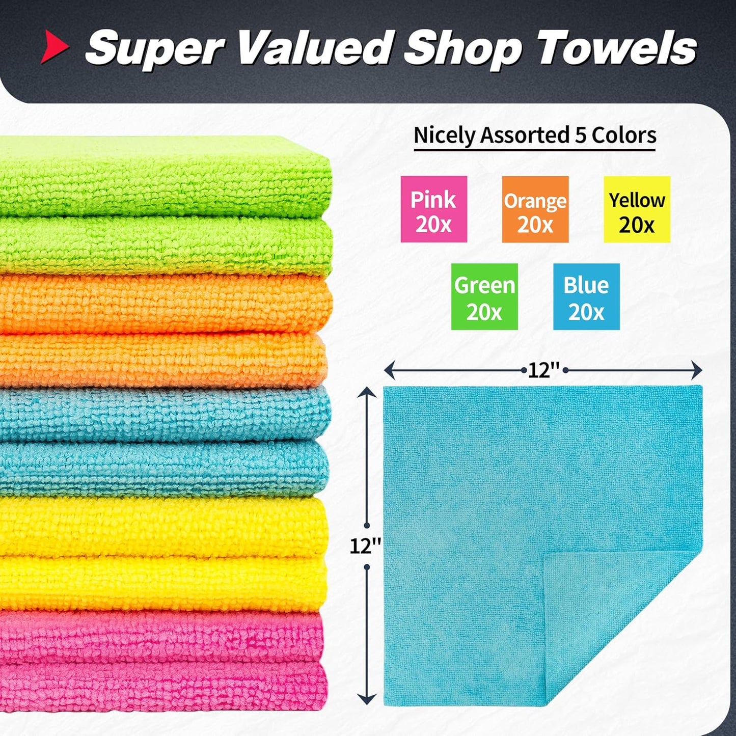 FIXSMITH Microfiber Cleaning Cloth, 100 Pack Shop Towels, Micro Fiber Cloth for Cleaning Car, All-Purpose Absorbent Cleaning Rags for Housekeeping, Dust Cloth for Office, Car Wash Towels, 12inx12in