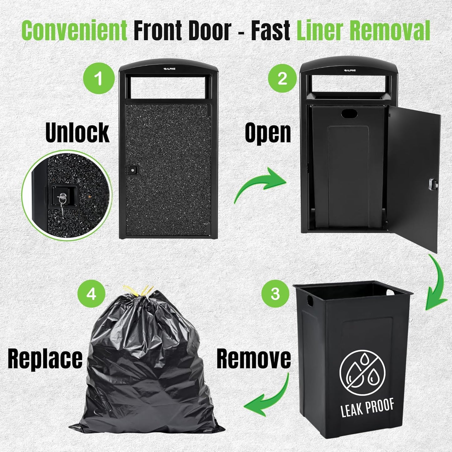 Alpine Outdoor Commercial Trash Can with Lid - 55 Gallon Heavy Duty Steel Garbage Can with Removable Bin, Locking Door for a Modern Look in Park, Mall & High Traffic Areas - Black, Grey Stone Panels
