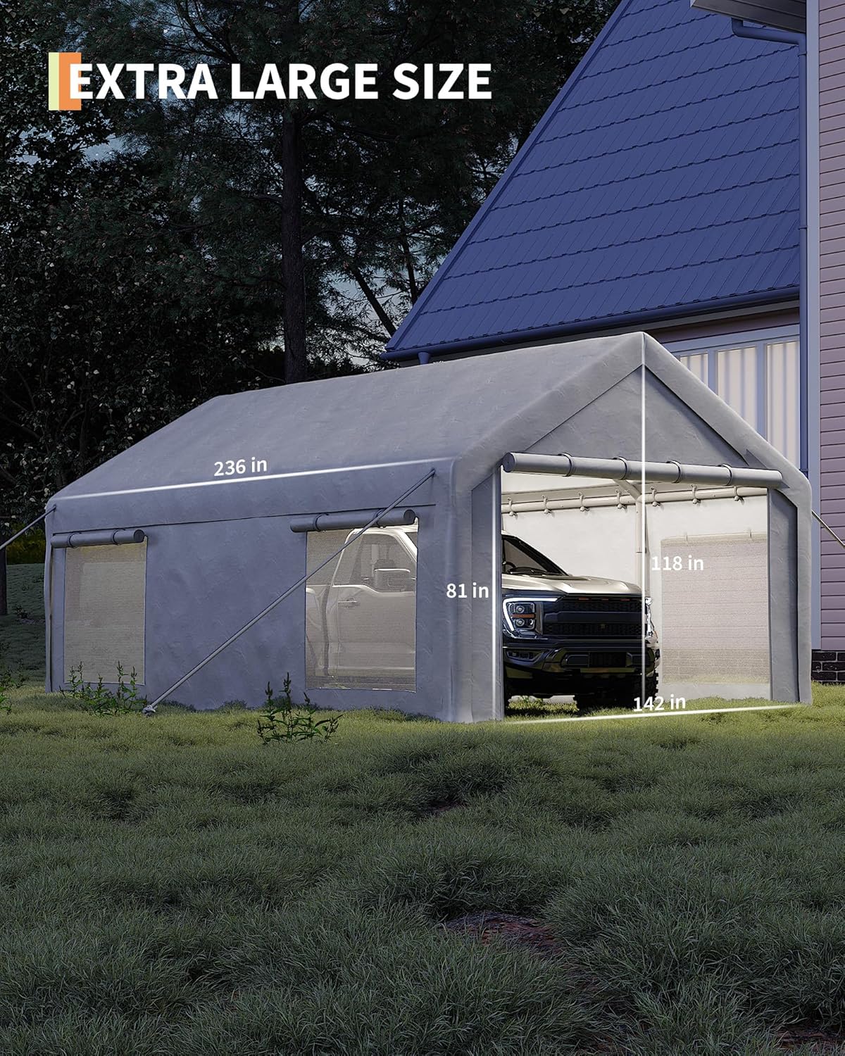 12x20 Ft Carport, Car Port with 200g PE Tarp, Roll-Up Doors, and 4 Windows, for Full-Size Pickups, Bass Boats, Tractors, and SUVs, White