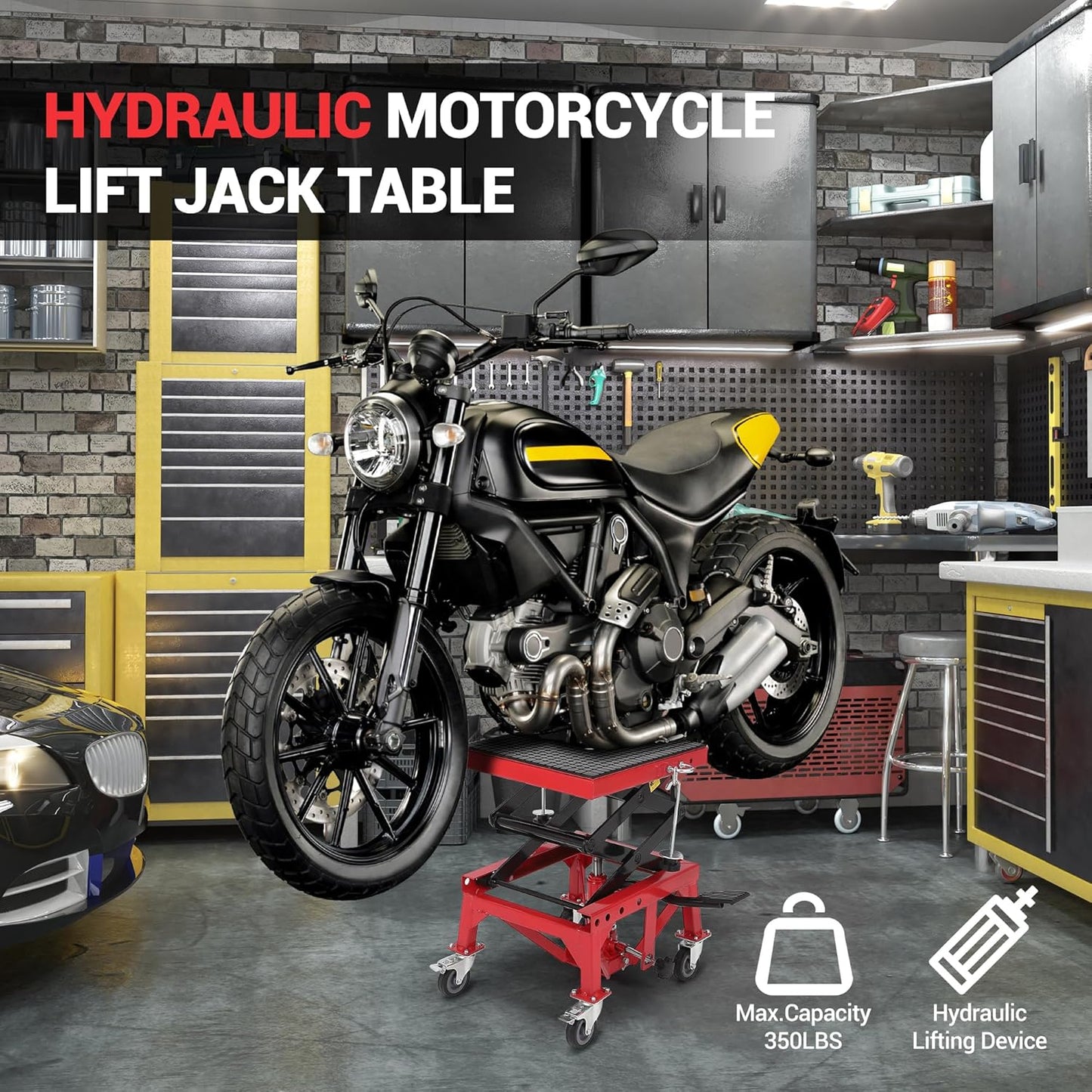 Hydraulic 350LBS Motorcycle Lift Jack - Foot-Pump Scissor Lift Table with Safety Lock, Wheels & Oil Drain Hole - Height Adjustable 13.78-34.25" for ATV, Dirt Bike, Cruiser Maintenance Red