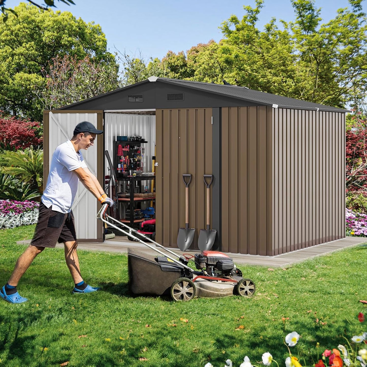 DWVO 10x8FT Outdoor Storage Shed, Spacious Metal Tool Shed with Lockable Doors & Ventilation for Patio, Lawn, and Backyard, Ideal for Storing Garden Equipment, Lawnmowers, and Bicycles, Brown