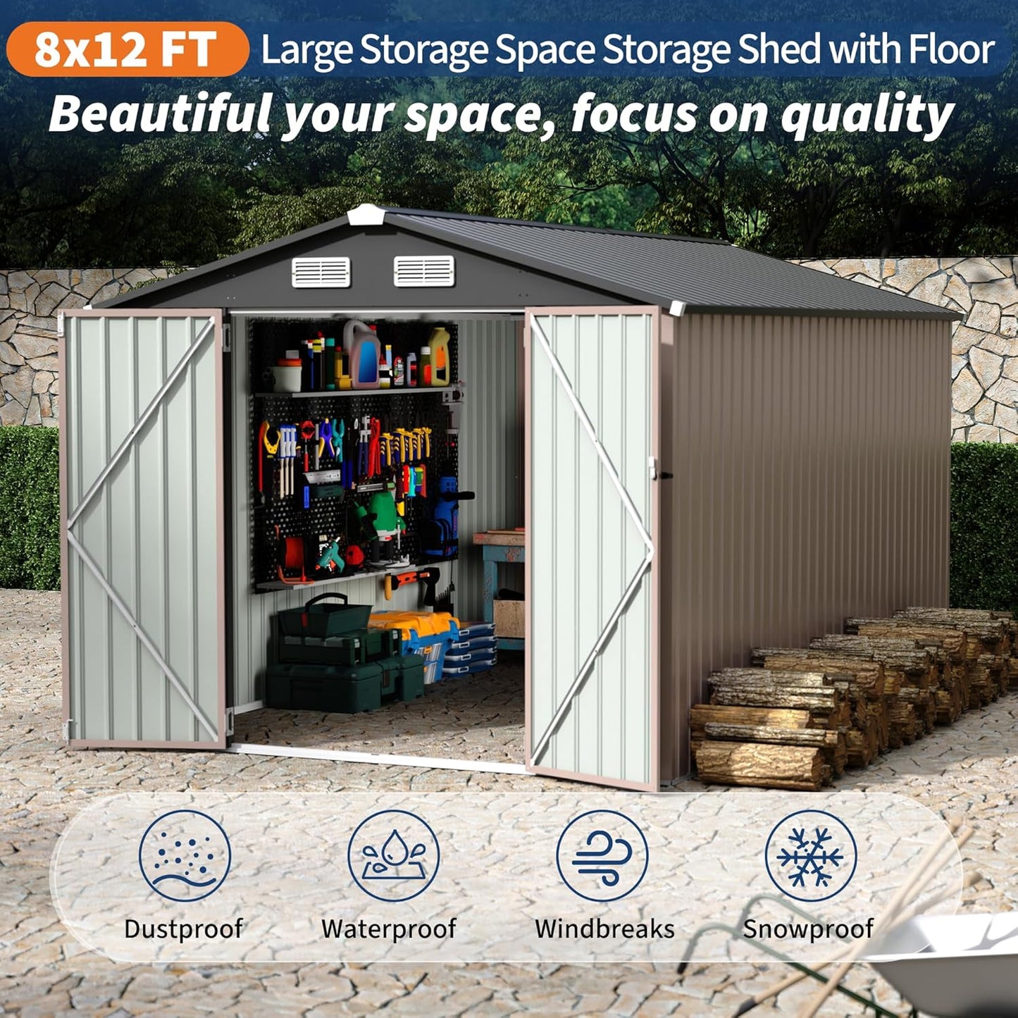 8x12x6.4 FT Outdoor Storage Sheds, Metal Garden Tool Shed for Backyard, Large Metal Sheds Outdoor Storage With Lockable Doors & Air Vents for Backyard Garden Patio Lawn