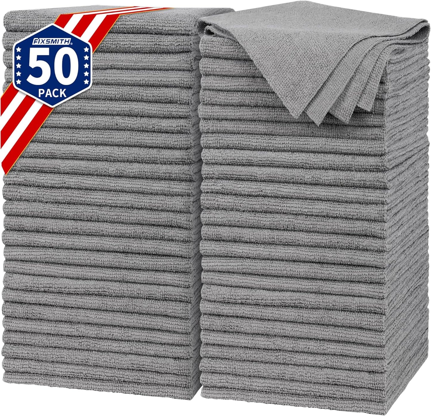 FIXSMITH Shop Towels, Pack of 50, Grey Microfiber Cleaning Cloth Bulk, Microfiber Towels for Cars, All-Purpose Absorbent Cleaning Rags, Dust Cloth for Automotive, Mechanic, Garage, 11.5 x 11.5 inch