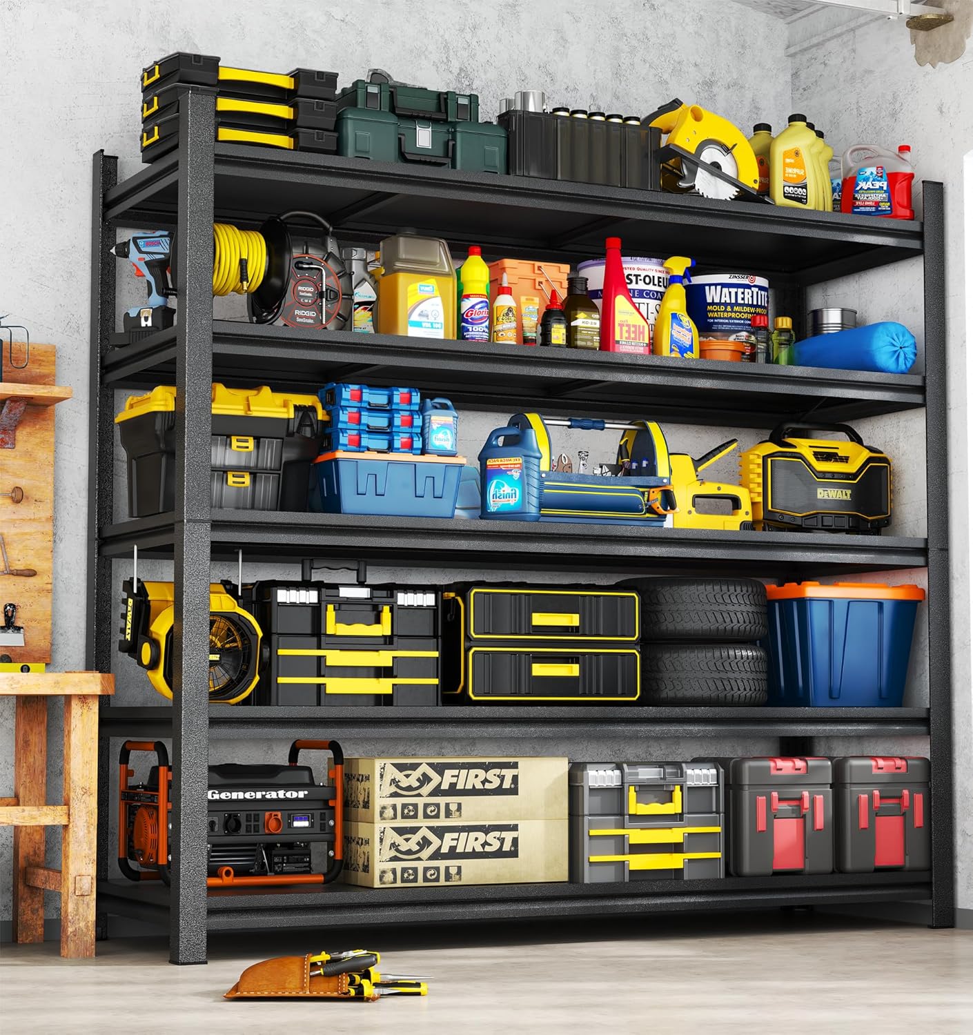 【Industrial Metal Adjustable Storage Shelving Units】Heavy Duty Steel Wire Rack for Garage, Basement, Shed & Kitchen - Standing Organizer Shelf with Black Finish - Tool Pantry Utility Storage Solution