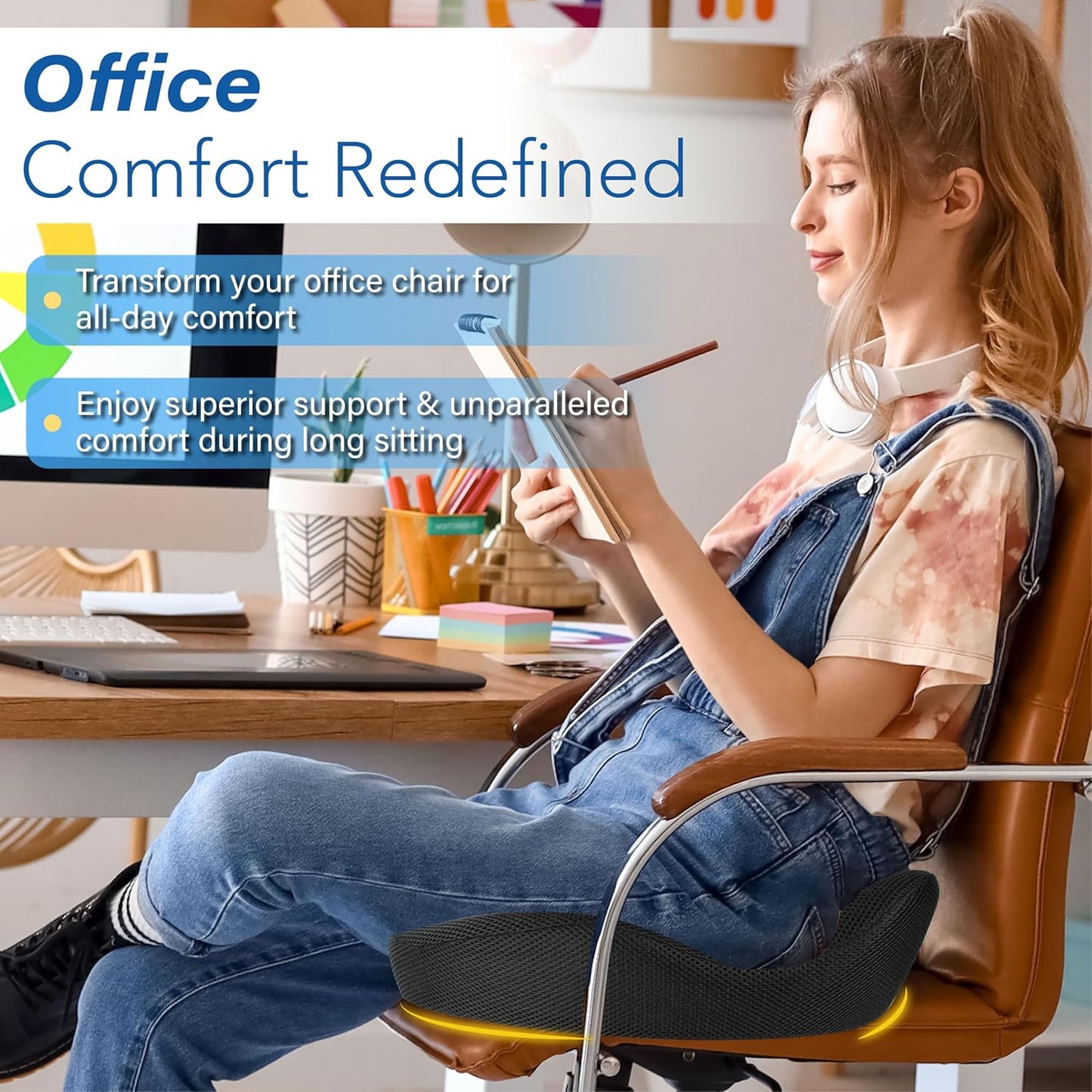 Car Seat Cushion, Ergonomic Memory Foam Car Cushion for Sciatica Pain Relief, Larger Driving Seat Pillow for Short Drivers on Long Drives - Butt Pillow for Truck, Office, Wheelchair - Classic Black