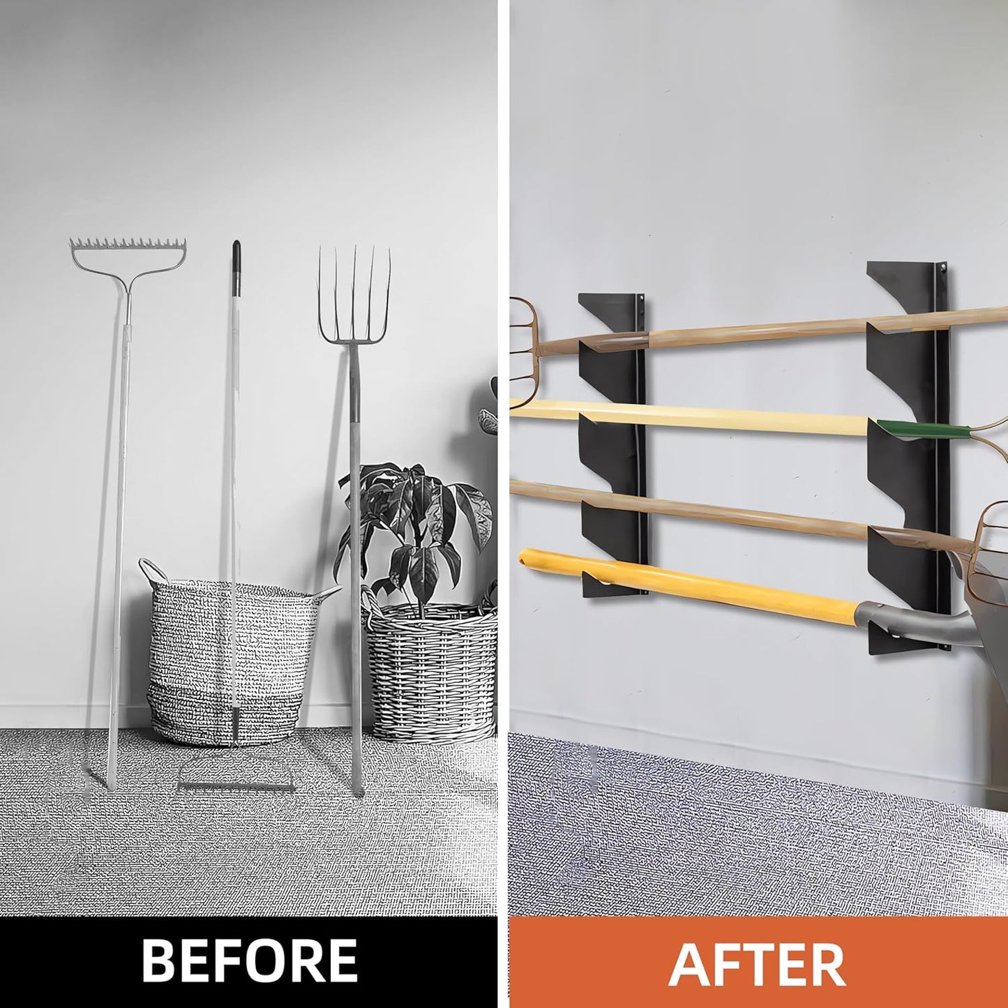 CZWL&HG Garage Tool Organizer Wall Mount – Heavy-Duty Solid Steel Rack for Shovels, Rakes, Long-Handled Tools – Horizontal Shed/Yard Storage Holds 250 lbs with Rustproof Mounts