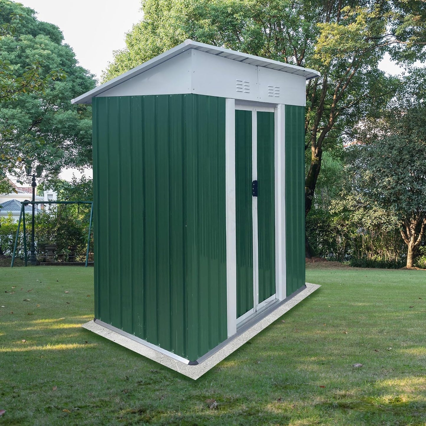5x3 FT Outdoor Storage Shed with Sloping Roof, Waterproof Metal Garden Sheds w/Lockable Sliding Doors and Vents, Weather Resistant Tool Storage House for Backyard, Patio, Lawn, Green