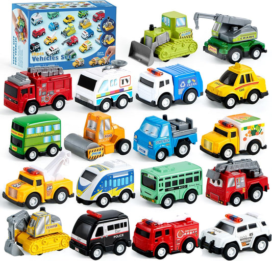 JOYIN 18 Pcs Pull Back City Cars and Trucks Toy Vehicles Set, Friction Powered Cars Toys for Toddlers, Boys, Girls’ Educational Play, Kids Stocking Stuffers, Treasure Box Gifts for Classroom