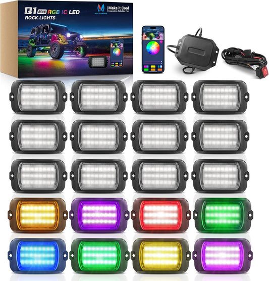 MICTUNING 2025 1000% Bright Q1 MAX RGB+IC Rock Lights, 20 Pods Chasing Dreamcolor Extensible Underglow Multicolor Neon Light Underbody Lighting Kit with APP Control for Truck ATV UTV Boat