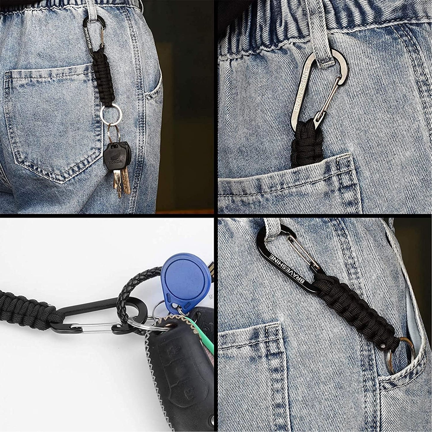 BRAVESHINE Paracord Keychain Carabiner Clip, D Ring Lanyard Hanger Stroller Hook for Water Bottle, Key, Backpacks, Men, Women