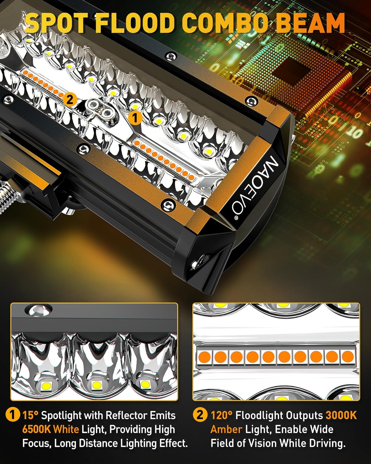 NAOEVO 7 Inch LED Light Bar, White Amber Offroad Fog/Driving Lights LED Pods with Strobe/Memory Function, 2 Leads Wiring Harness Included, Work for Truck Boat ATV UTV, 2-Pack (6 Modes)