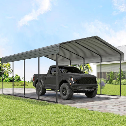 Real Relax 12x20FT Heavy Duty Metal Carport, Outdoor Carport Canopy with Galvanized Steel Roof and Reinforced Base for All-Weather, Garage Shelter Shade for Trucks, Boats, Party, Gray