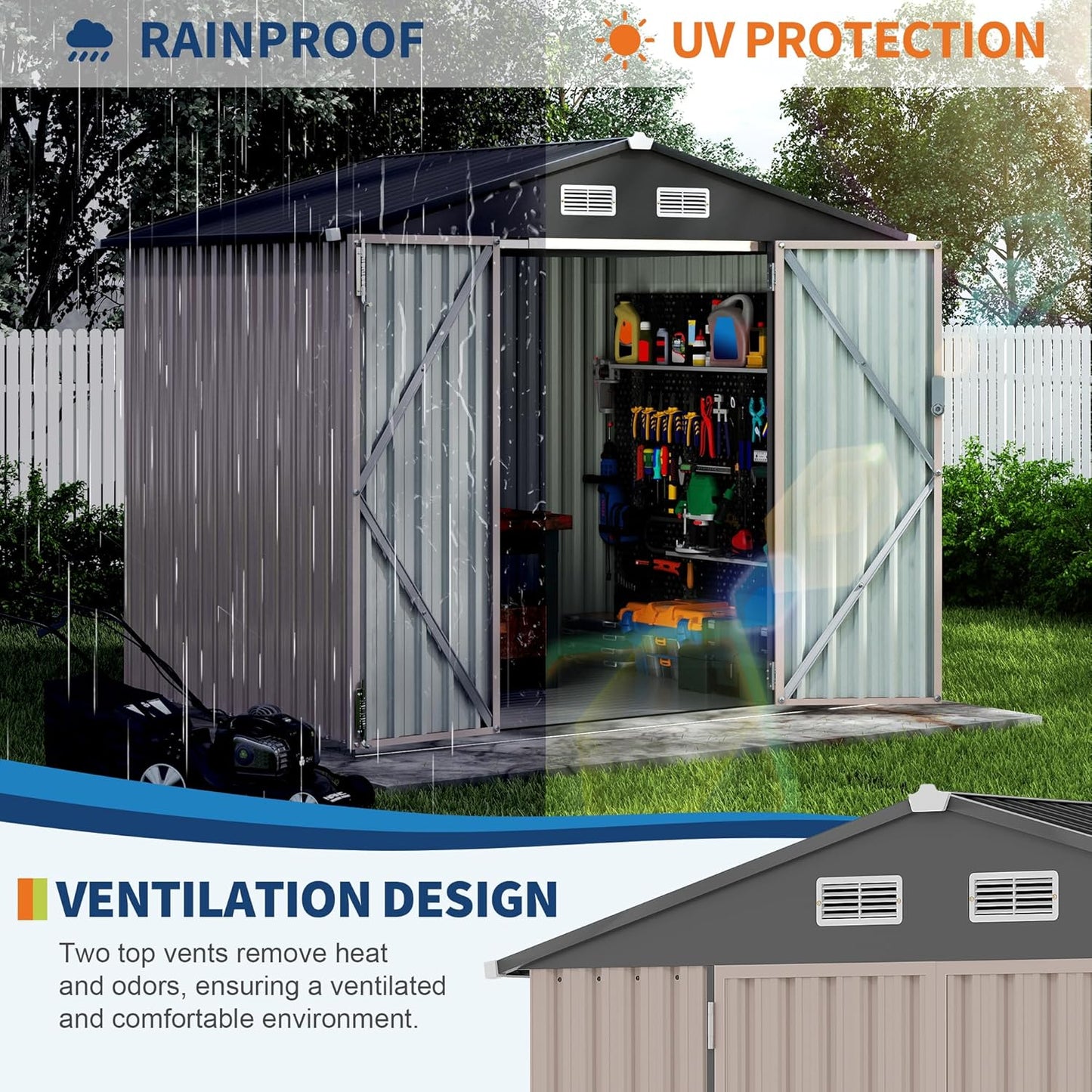 6x8 FT Metal Storage Sheds Outdoor with Floor, Metal ToolShed with Lockable Door, Metals Yard Sheds Metals Garden Shed Kit, MetalUtility Sheds Buildings with Air Vent for Backyard Garden Patio Lawn