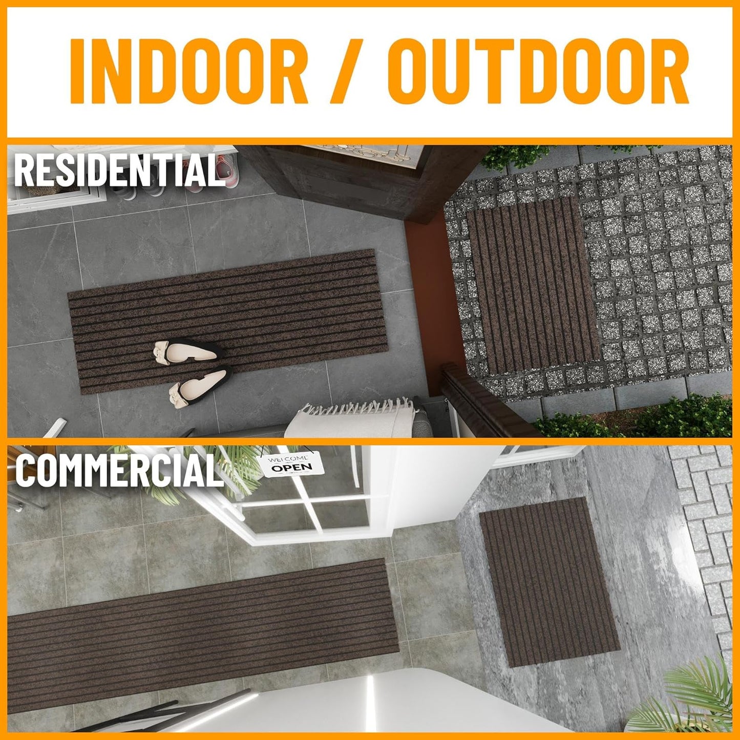 Ottomanson 2'7" x 17' Hallway Runner with Scraper Pile - Extra Durable Non-Slip Rug Mat for Indoor & Outdoor Use - Ideal for Kitchen, Entryway & Garage - High-Traffic Carpet, Brown