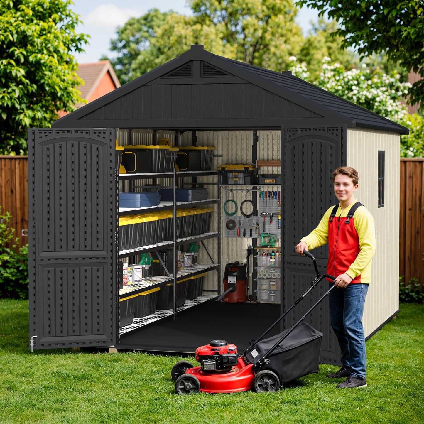 Greesum 8×10 FT Plastic Outdoor Storage Shed with Floor, Resin Sheds with Lockable Door and Window, Weather Resistant Organization for Garden, Lawn, Pool Supplies, Beige