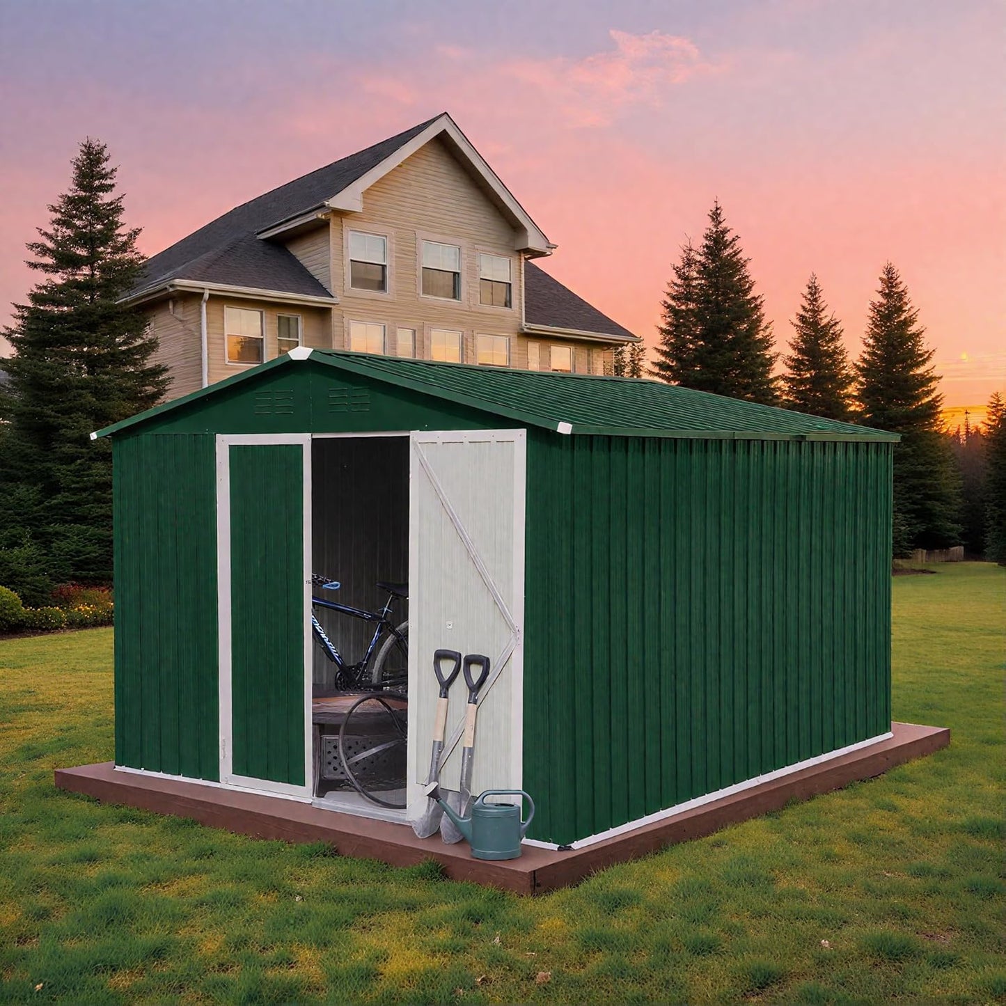 10 x 8 FT Outdoor Storage Shed, Metal Garden Tool Shed with Slooping Roof, Lockable Doors and Aluminum Frames, Easy to Assemble for Garden, Patio, Lawn, Green