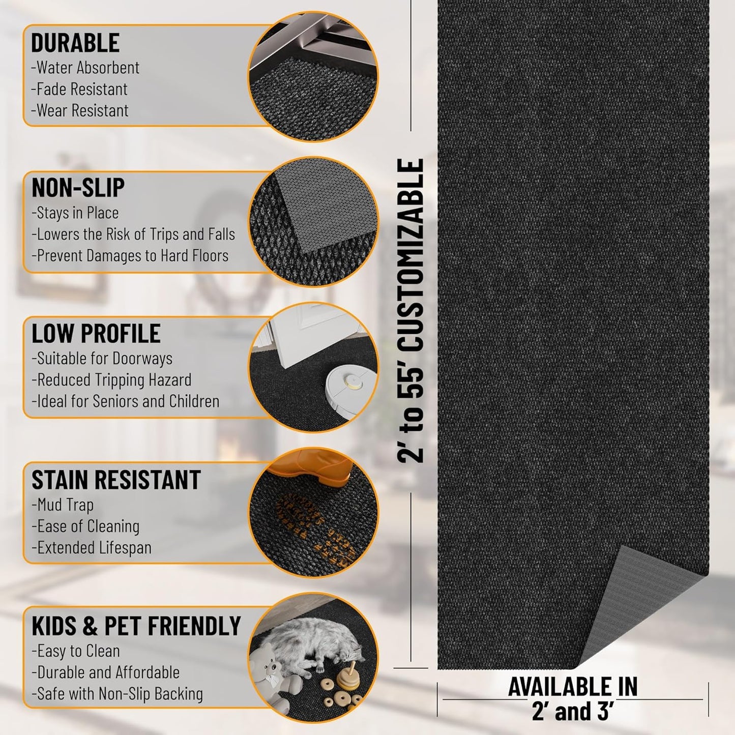 Ottomanson 2' x 39' Hallway Runner with Scraper Pile Extra Durable Non-Slip Rug Mat for Indoor & Outdoor Use - Ideal for Kitchen, Entryway, Patio & Garage - High-Traffic Carpet, Black