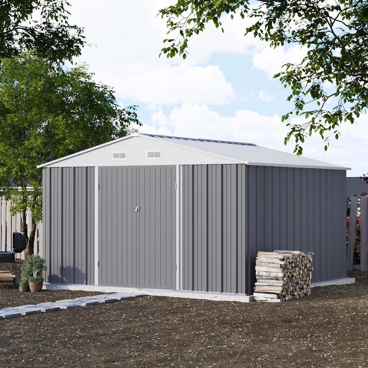 Patiowell 10' x 10' Metal Storage Shed for Outdoor, Steel Yard Shed with Design of Lockable Doors, Utility and Tool Storage for Garden, Backyard, Patio, Outside use, Grey
