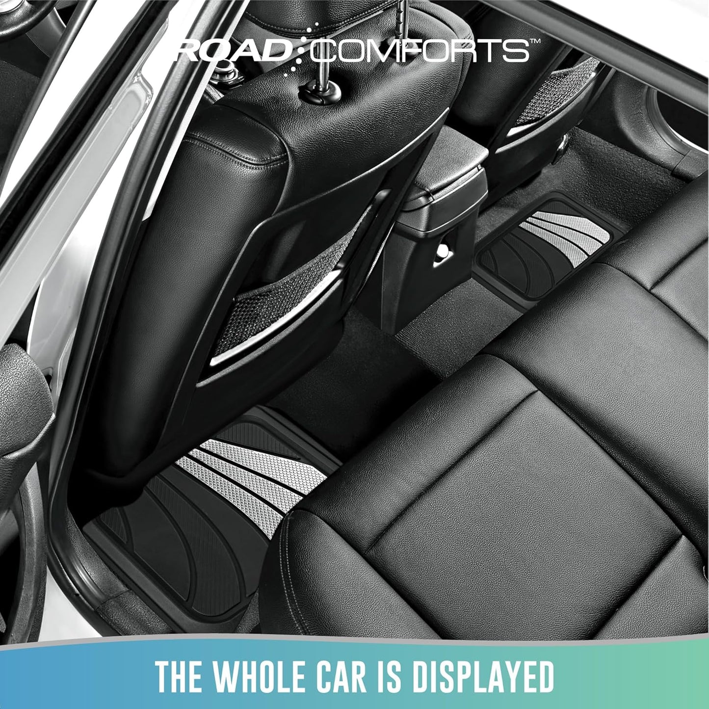 Road Comforts Car Floor Mats Full Set – Front & Rear Car Floor Mats with Aluminum Design, Anti-Slip Backing, All-Weather Protection, Trim-to-Fit Car Mats for Most Sedans, SUVs & Vans - Sliver