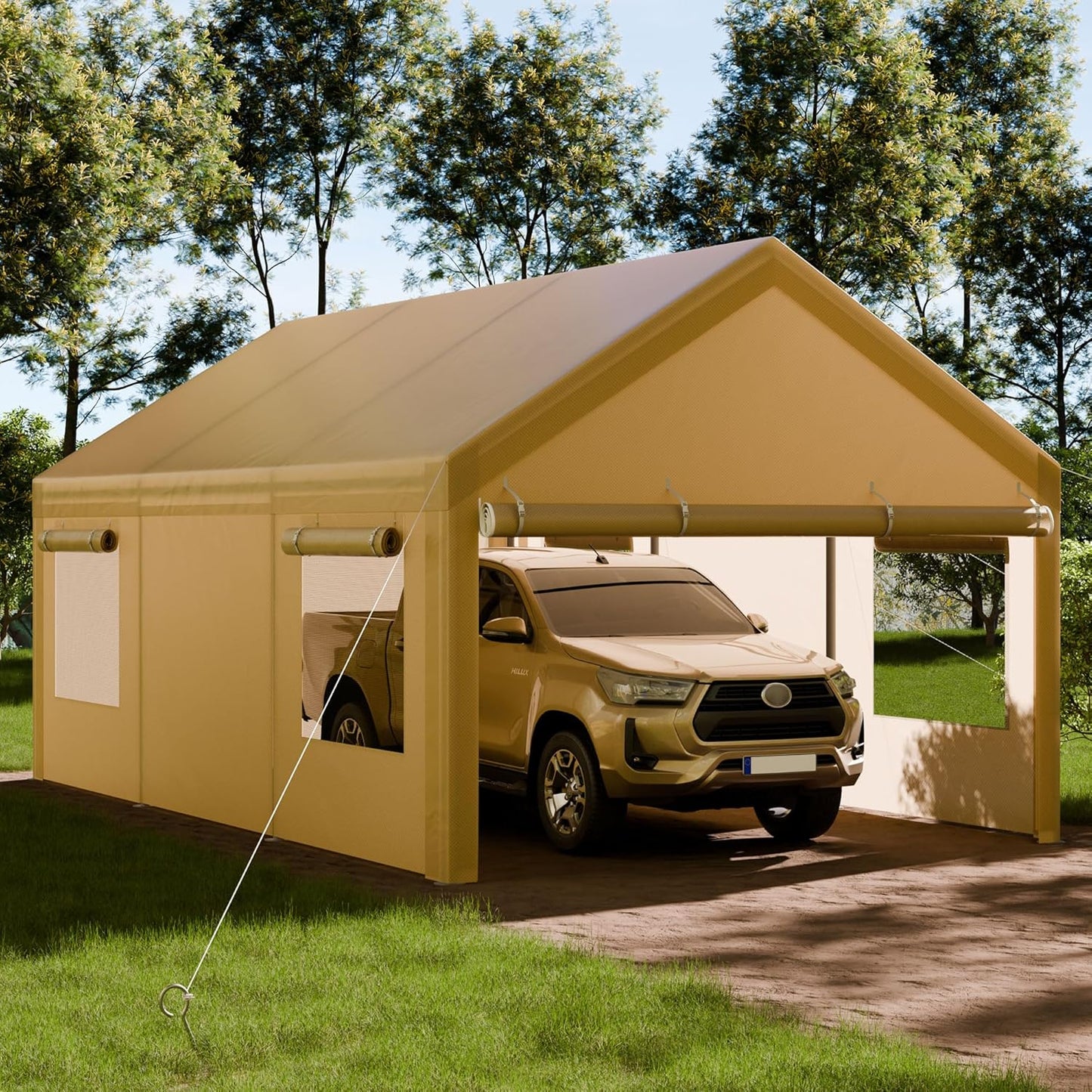 Shintenchi Carport 12' x 20' Heavy Duty Portable Garage, Car Port Canopy with Side-Opening Removable Door & Roll-Up Windows, Car Canopy for Truck,Car,Boat,Motorcycle,Khaki