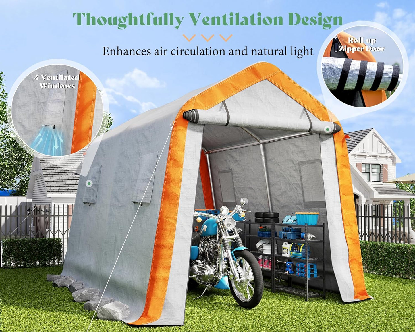 AMERLIFE 8x10x8 FT Heavy Duty Portable Shed Storage Shelter, Outdoor Storage Shed with 4 Waterproof Windows & Roll-Up Zipper Door, Carport for Motorcycle, Bike, Grey