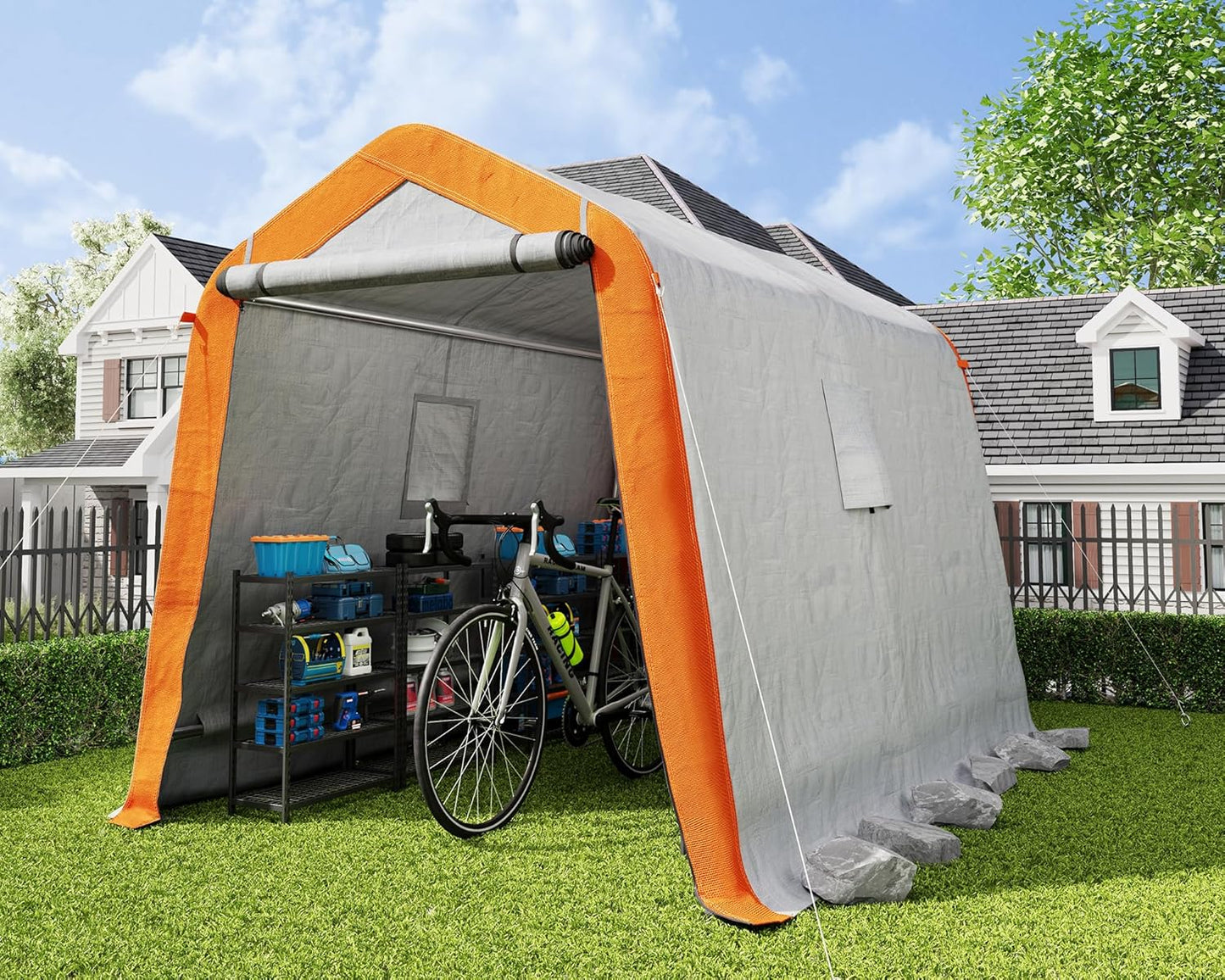 AMERLIFE 6x8x6.6 FT Heavy Duty Portable Shed Storage Shelter, Outdoor Storage Shed with 2 Waterproof Windows & Roll-Up Zipper Door, Carport for Motorcycle, Bike, Grey