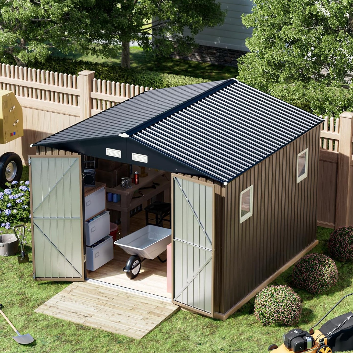 Breezz Outdoor Storage Shed 10 x 10ft. Utility Tool Shed Metal Storage Garden Shed with Lockable Doors & Windows for Patio Storage,Brown