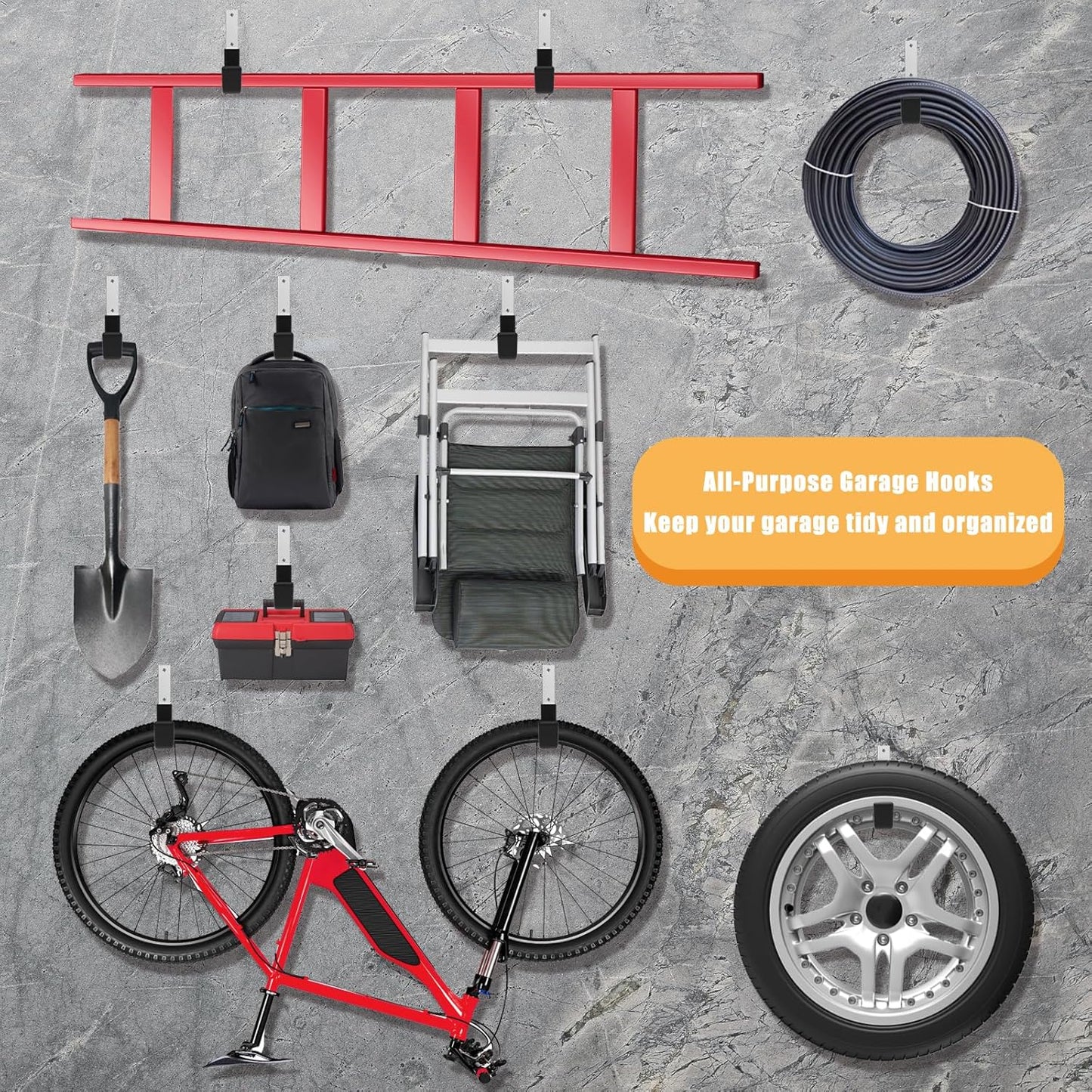 Heavy Duty Garage Utility Hooks - Wall Mount Multi-Use Storage Hooks for Hose, Bike, Chainsaw, Leaf Blower, Ladder Hanger (2 Small)