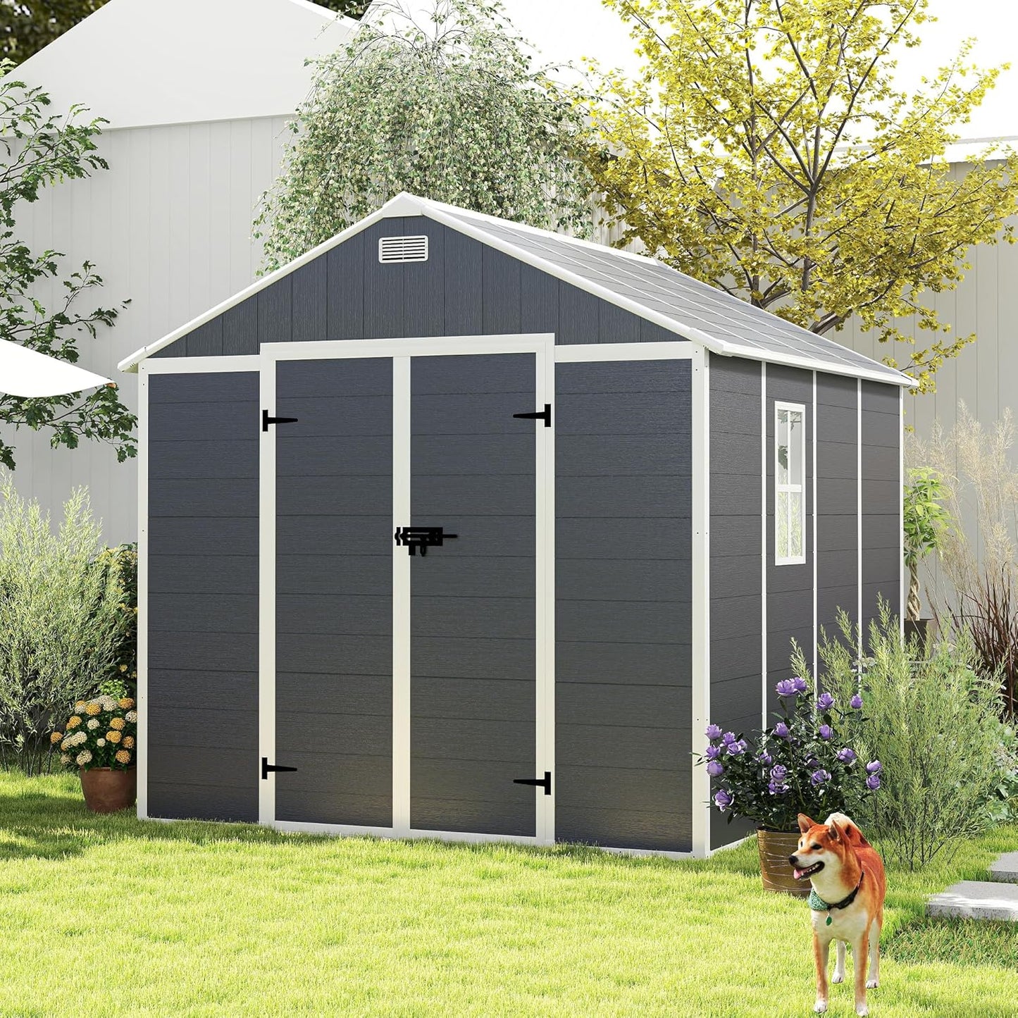 MyVoice 8x8 FT Outdoor Resin Storage Shed with HD Window, Rustproof Waterproof Garden Tool Shed, 12mm Thickened PP Panels, Large Capacity Outdoor Utility House for Backyard Patio (with Floor)