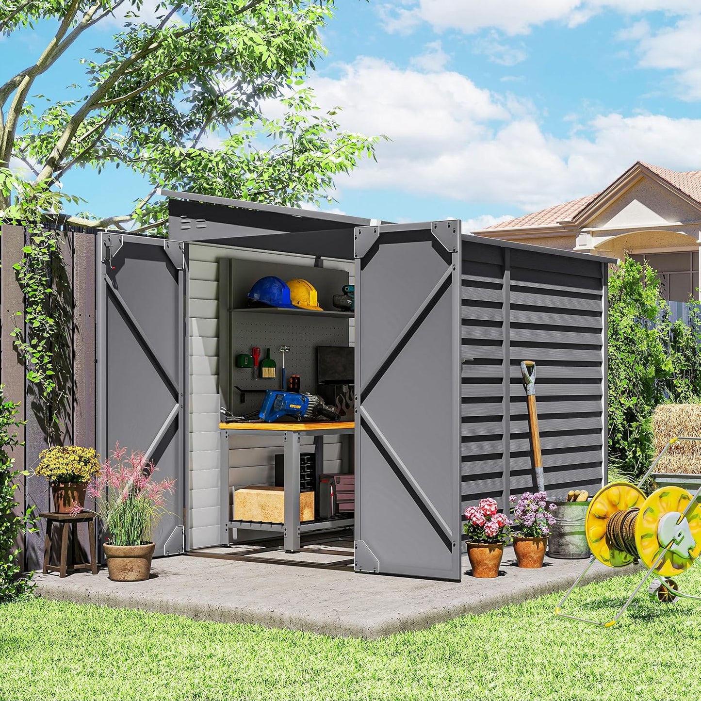 Outsunny 4.6' x 9' Steel Outdoor Storage Shed, Lean to Shed, Metal Tool House with Foundation Kit, Lockable Doors, Gloves and 2 Air Vents for Backyard, Patio, Lawn, Gray