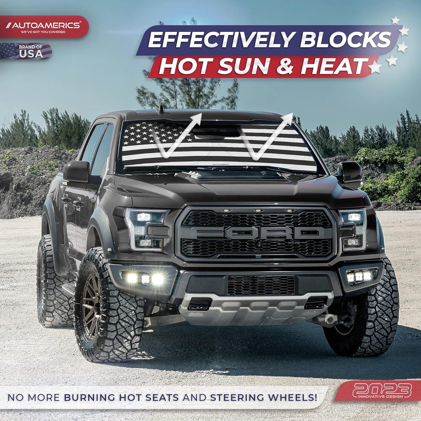 Autoamerics 1-Piece Windshield Sun Shade B&W American Flag USA Patriotic Design - Foldable Car Fits Easily to SUV & Truck Vehicles UV Ray Blocker Keeps Your Vehicle Cool Large