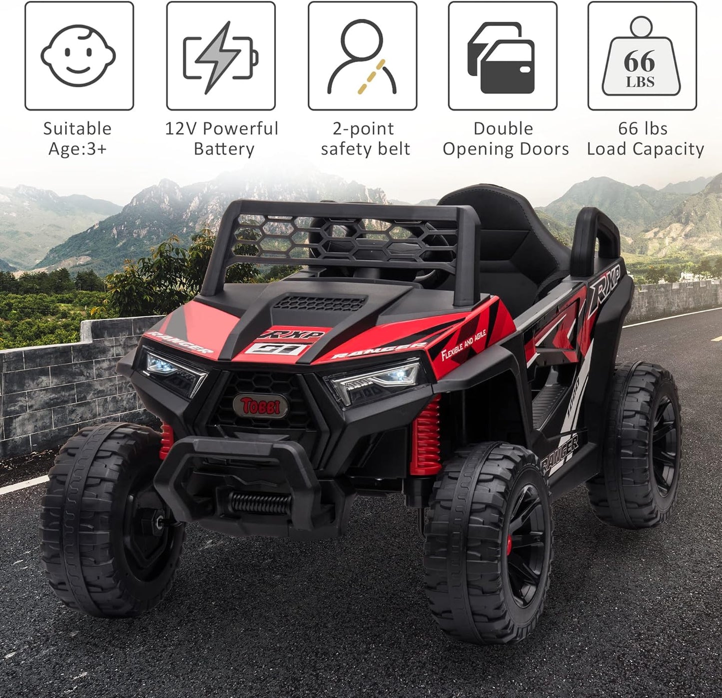 TOBBI 12V Kids Ride on Car, Electric Off-Road UTV Truck with Forward and Reverse Functions, Double Open Doors, Safety Belt, Horn, Music, and Lights for Kids Aged 3-5 Years (Red)