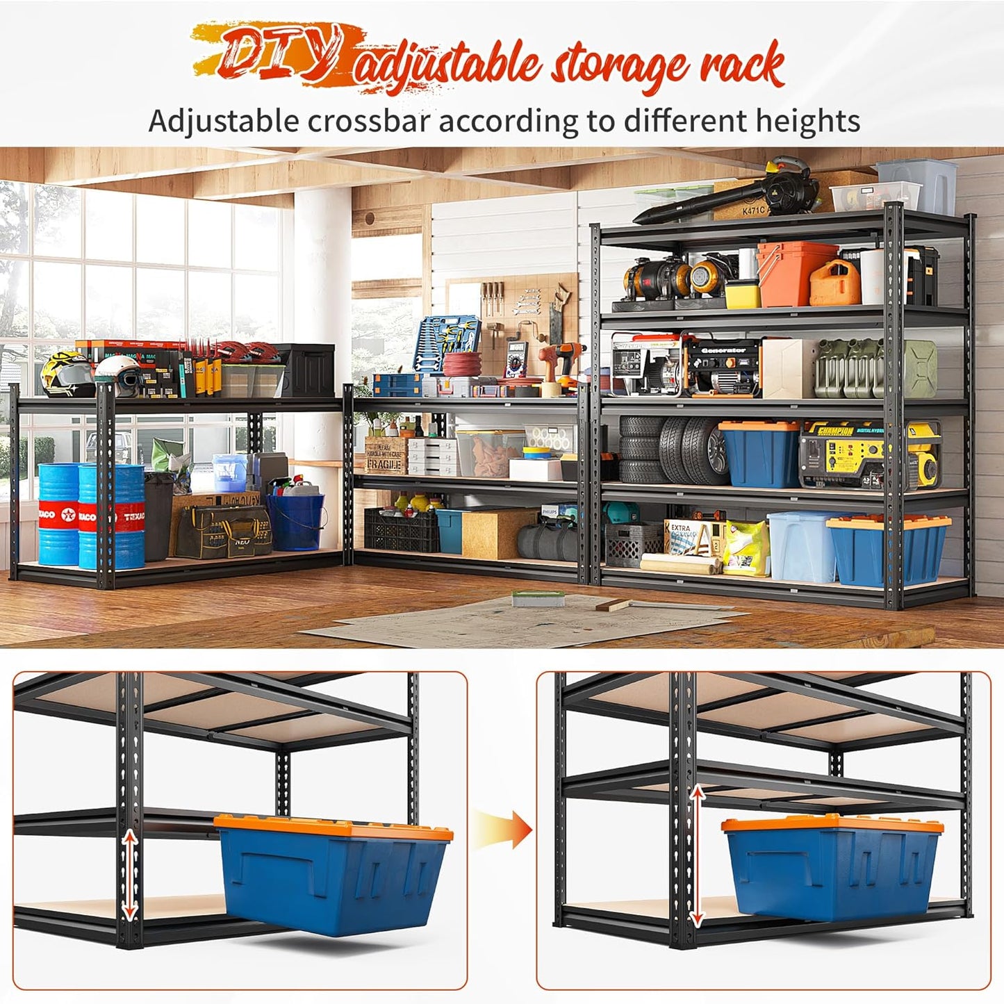 REIBII 48" W Garage Shelving Heavy Duty 3020LBS Storage Shelves 5 Tier Heavy Duty Shelving Adjustable Garage Shelves for Basement, Warehouse, Commercial, Easy Assemble, 48" W x 72" H x 24" D