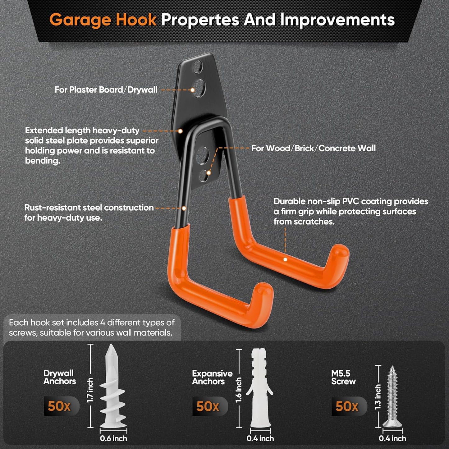 Nacial 26 Pack Garage Hooks Heavy Duty, Utility Steel Garage Storage Hooks with 2 Extension Cord Storage Straps, Utility Garage Wall Mount Hooks for Hanging Bike, Ladder and Garden Tools, Orange