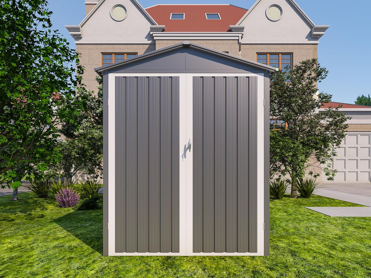 Motorcycle Steel Storage Shed with Window,Outdoor Weather-Resistant Storage Box for Bikes, Tools, Sports Equipment,Easy Assembly, No Tracks or Fixtures Needed, 121" W Gray+White