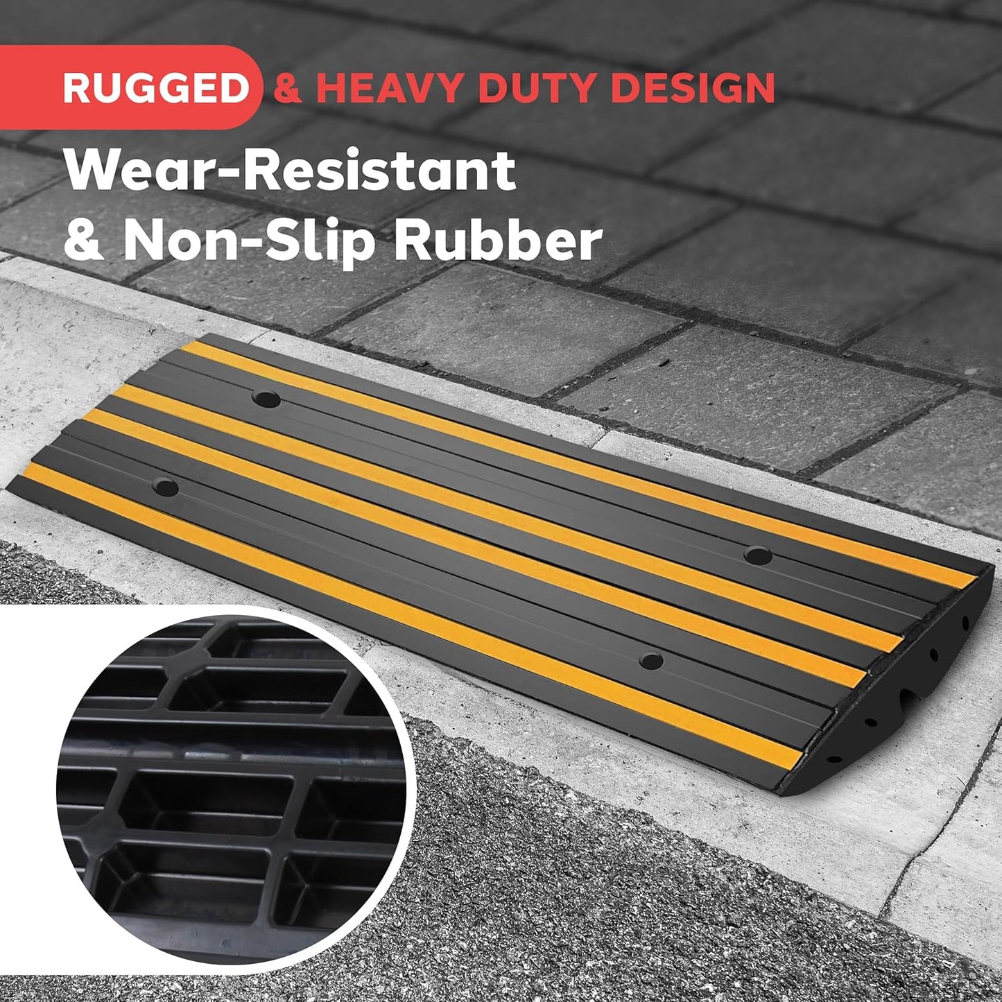 Pyle 4 ft. Rubber Curb Ramp, Non-Slip Threshold Single Ramp for Driveways & Sidewalks, Marine Grade Waterproof, Yellow Reflective Strips, Expansion Screws Included, 48.0’’x 16.0’’ x 2.6’’ Inch