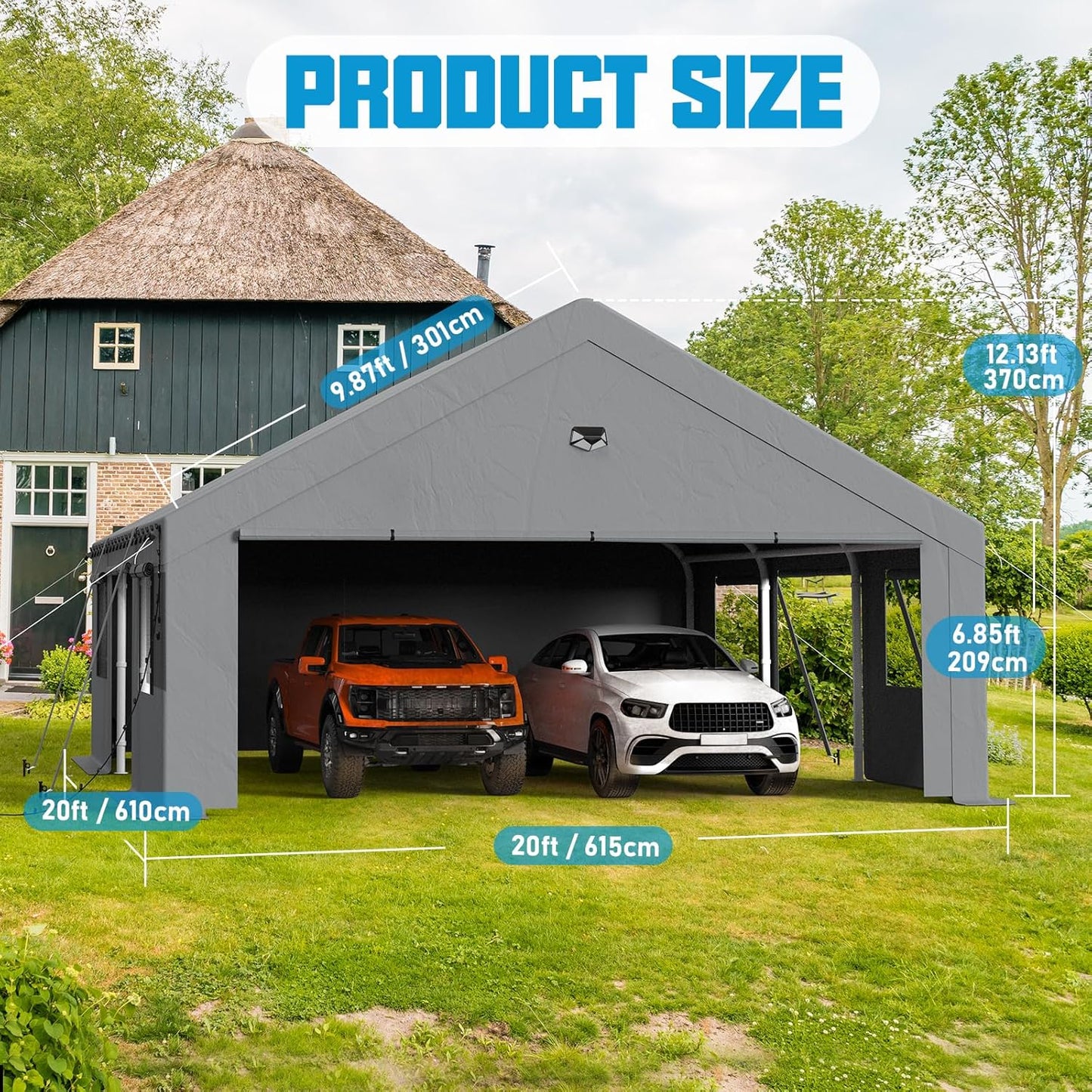 20x20 Carport, Heavy Duty Carport Canopy Garage with Removable Sidewalls and Drive Through Roll Up Zipper Doors & Side Doors, Grey