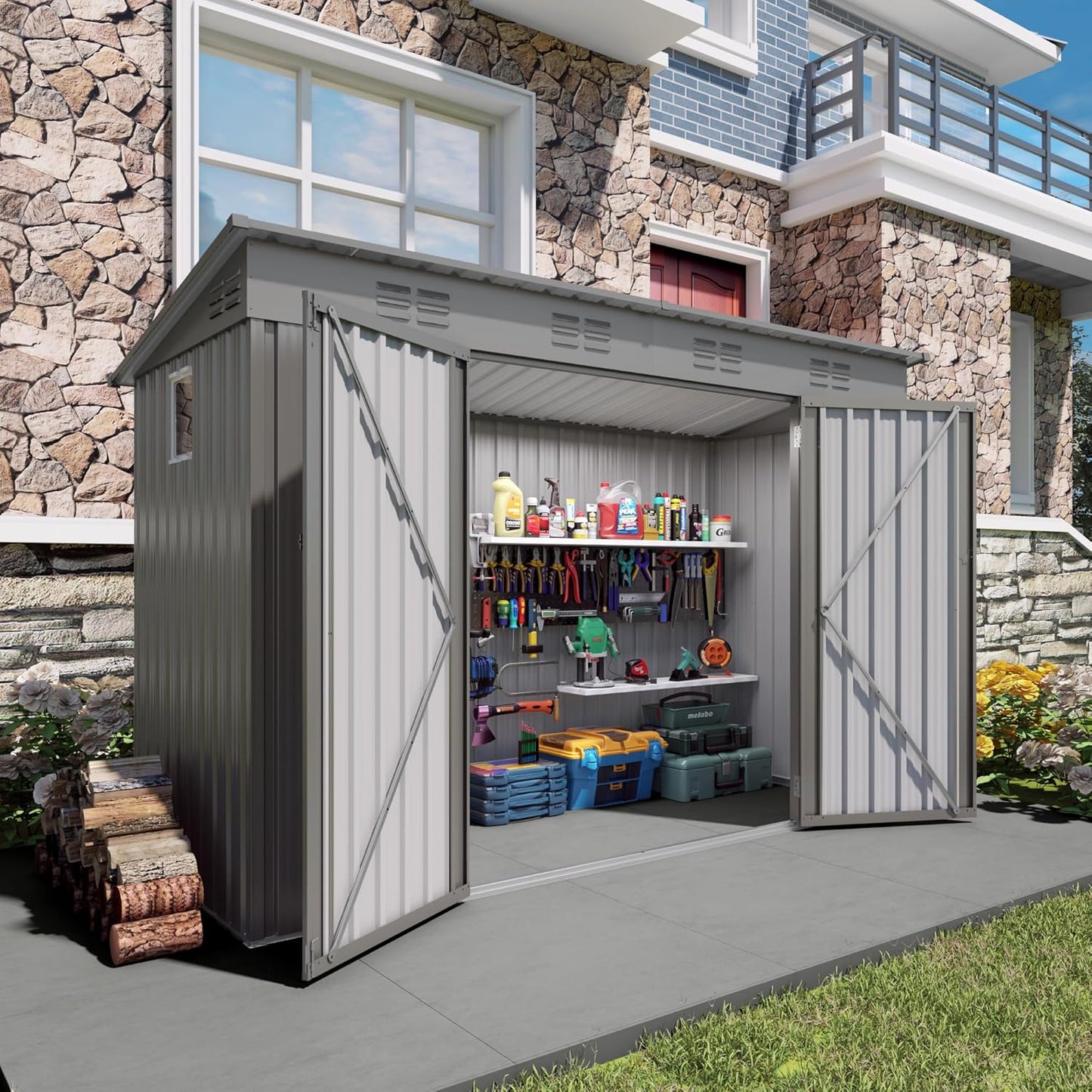 4 x 9 FT Metal Outdoor Storage Shed w/Lockable Door, Lean to Storage Sheds with Clear Window and Air Vents, All Weather Waterproof Garden Tool House for Backyard, Patio, Lawn, Gray