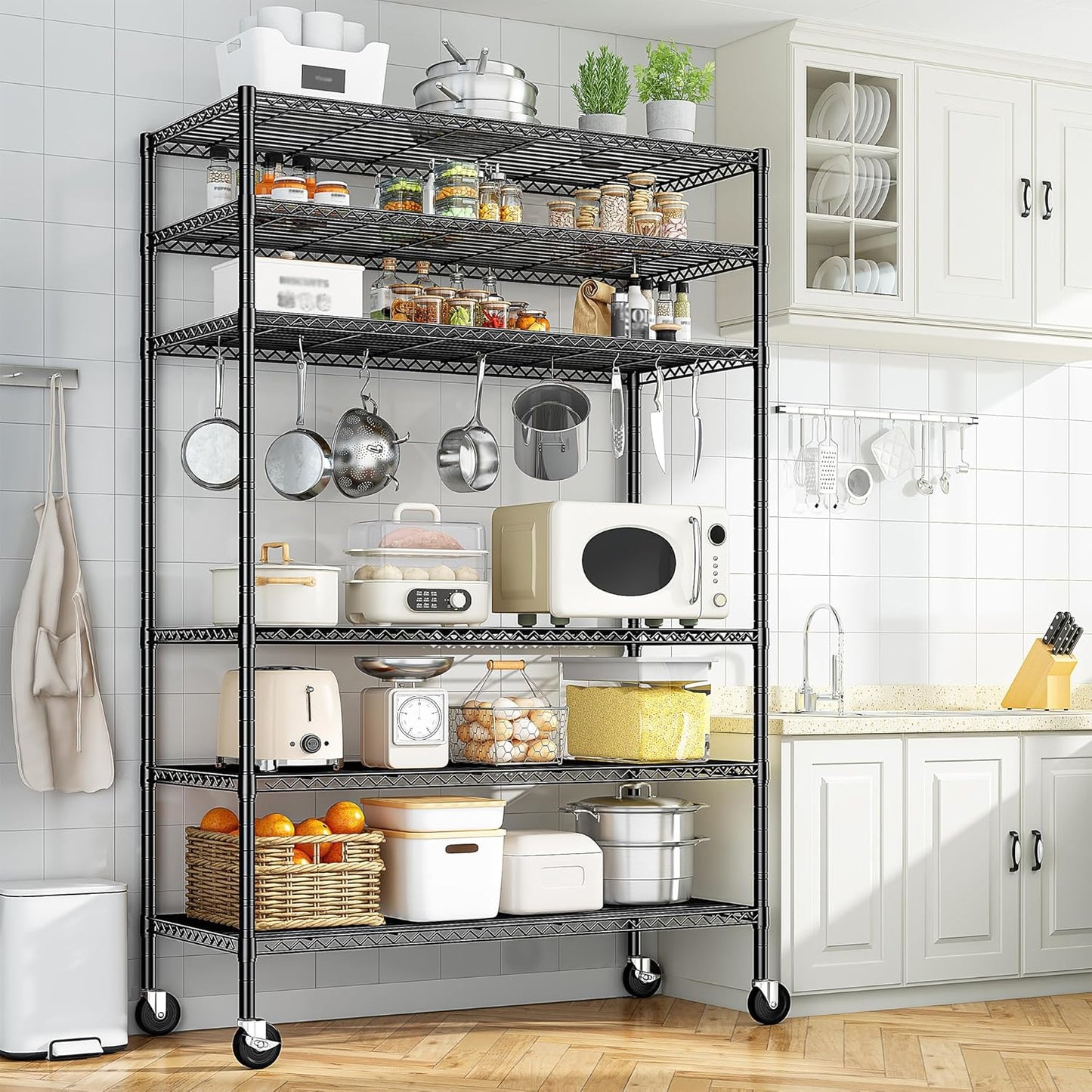 82" H X45 W X18 D Storage Shelves with Wheels, 6 Tier Wire Shelving Adjustable Metal Shelving Pantry Shelves Capacity 1200LBS for Garage Shelving, Pantry, Kitchen, Closet, Black
