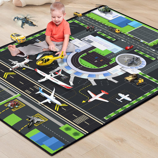 Play Rug for Playroom 3x4 Airport Carpet for Boys Bedroom with Combined City Road Traffic System Aircraft Runway Playmat Rugs Carpet Non-Slip Washable Area Mat