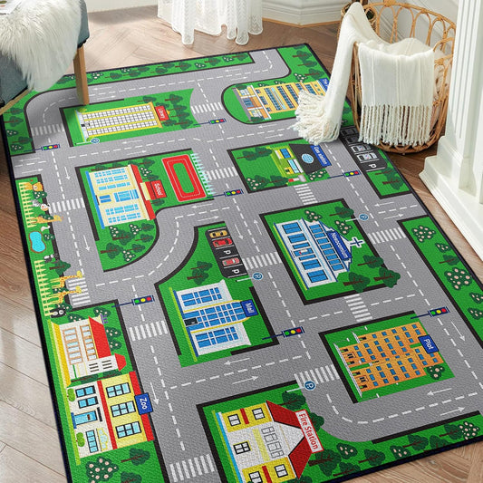 Fun Car Play Area Carpet Car Mat 2x3 Play Rug for Playroom Town City Road Map for Boys Bedroom Non-Slip Washable