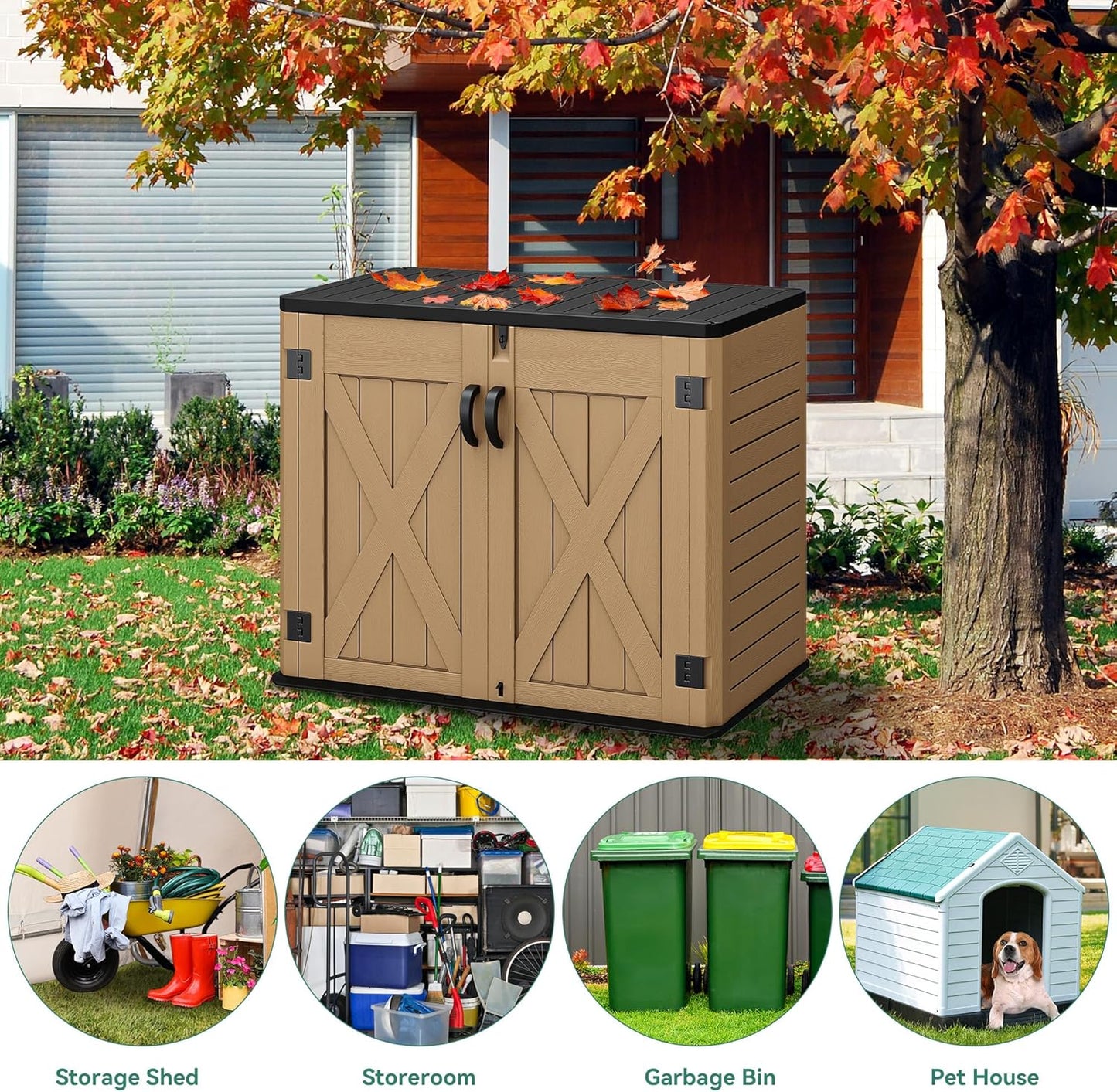 YITAHOME Outdoor Resin Storage Sheds with X-Shaped Lockable Door, 39 in Height Lockable Waterproof Horizontal Shed w/o Shelf, Easy to Assemble Shed Storage for Garden Tools, Brown