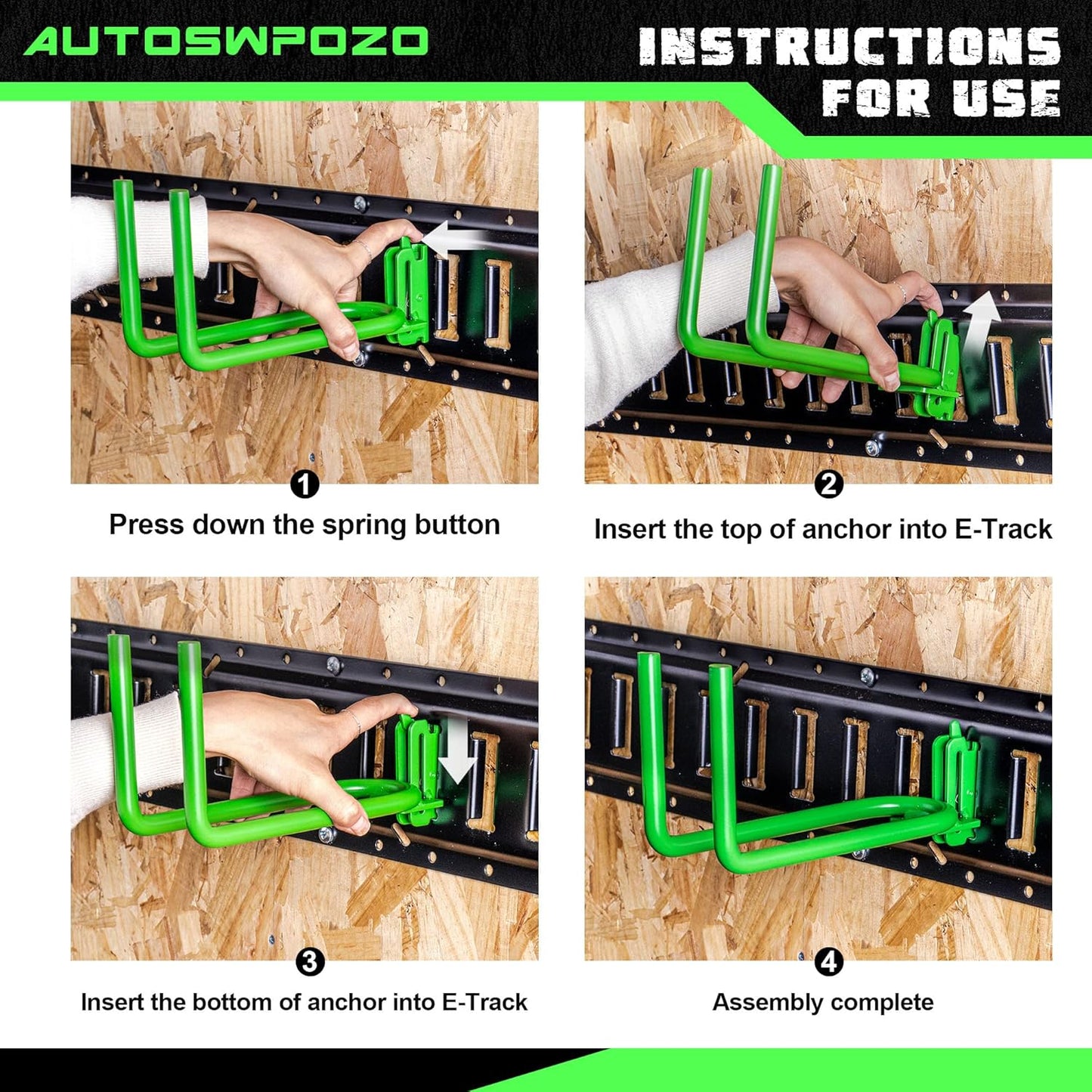 2-Pack E-Track Heavy Duty Shovel/Tool Hanger, E Track Hooks for Tools, Rakes, Spades in Trailers, Trucks, Workshop and Warehouse with E-Tracks, E Track Accessories Tool Holder (Green)